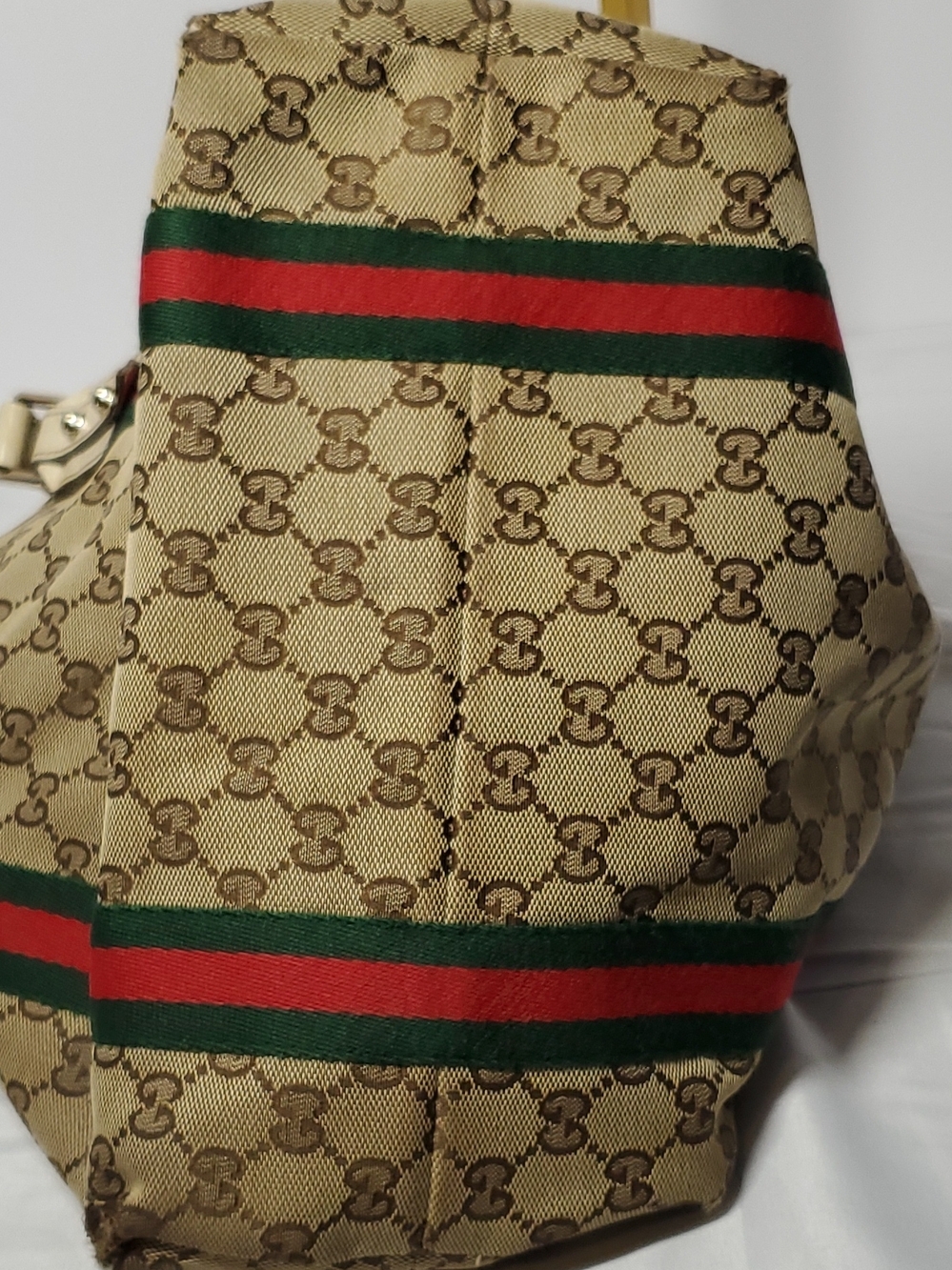 Gucci Beige GG Canvas Tote with Green and Red Web Stripe and Cream Trim - Picture 9 of 16